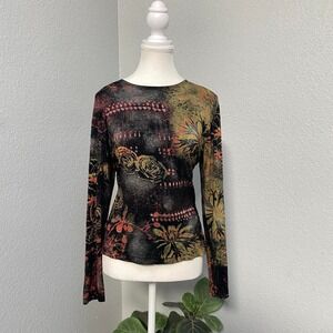 VINTAGE GRIFFON GREEN FLORAL ABSTRACT BLACK LONG SLEEVE ARTISTIC Y2K GLITCHCORE